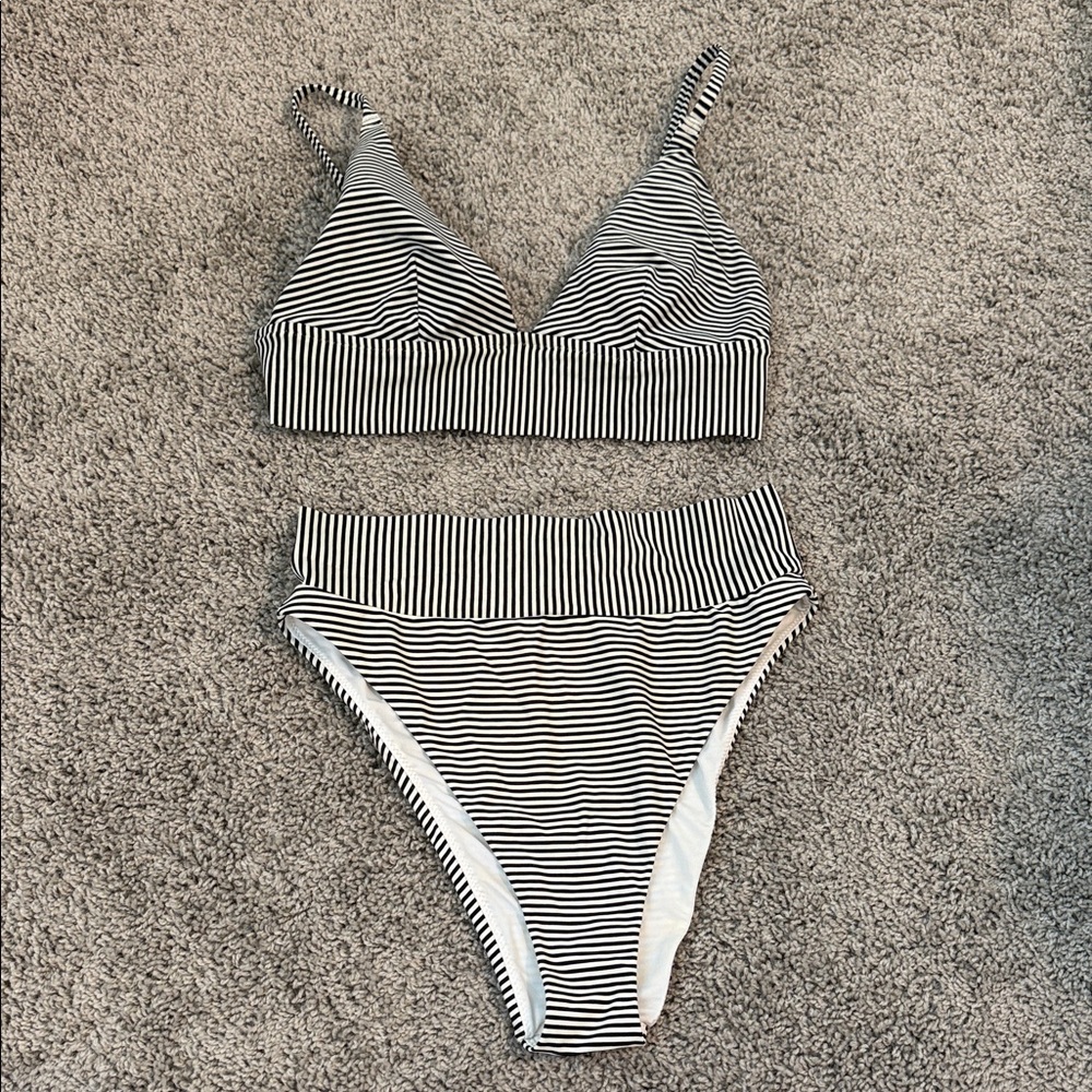 aerie Black and White Striped Bikini Set